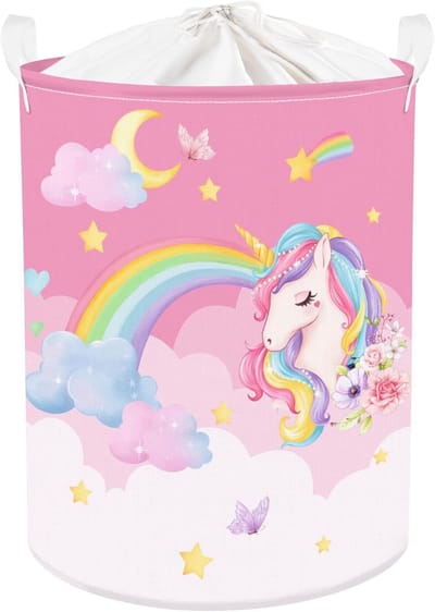 Famanu - Kinderwasmand roze eenhoorn regenboog wolk 63L met deksel 40x50cm