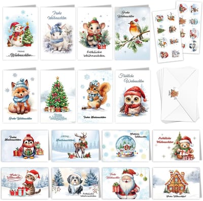 Dailygoods- Kerstkaarten set van 16 stuks - winterkerstkaarten - aquarel dieren - vrolijk kerstfeest - hert/vos/konijn/eekhoorntje - inclusief enveloppen/stickers - Feestkaarten