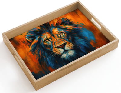 Dienblad hout 40x30 cm - Schootdienblad - Schilderij - Leeuwenkop - Oranje - Borrelplank rechthoek - Plateau dienbladen