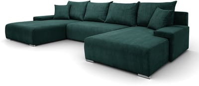 Hoekbank Lauren U-vorm, 348x188 cm met Slaapfunctie en Opbergbak, 5-zits, Opbergruimte voor Beddengoed, Grote bank, Hoekbank, Corduroy, Groen
