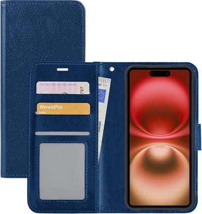 Hoesje - Met Pasjeshouder - Geschikt voor Apple iPhone 16 - Luxe Bookcase Portemonee - Flip Case - Kunstleer Book Case - Flipcase - Book Cover - Walletcase - Portemonneehoes - Donkerblauw
