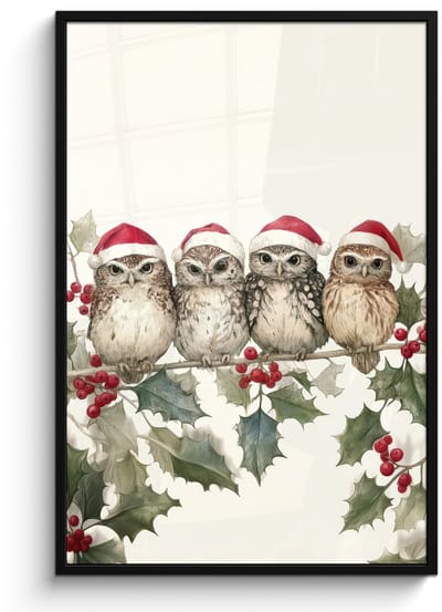Poster in lijst - Fotolijst 80x120 cm - Posters - Uilen - Tak - Hulstblaadjes - Kerstmuts - Posterlijst zwart - Decoratie - Wanddecoratie woonkamer - Muurdecoratie slaapkamer - Kerstversiering - Kerstdecoratie voor binnen - Kerstmis