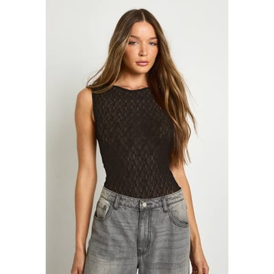 boohoo Dames Kant Racer Nekbodysuit | Zwart | Maat: 34
