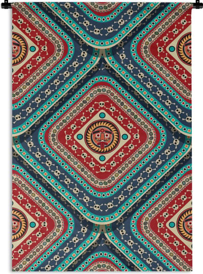 Wandkleed - Wanddoek - Azteken - Patronen - Schedel - 60x90 cm - Wandtapijt