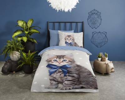 Good Morning dekbedovertrek paarden en roze bloemen - 1 persoons 140x200/220 cm - Blauw - 100% Katoen renforc�