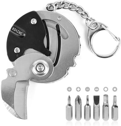 7 combi 1 mini vouwgereedschap voor buiten - klein EDC multifunctioneel gereedschap met schroevendraaierset - draagbare zakhouder - compact handgereedschap (zilverkleurig roestvrij staal)