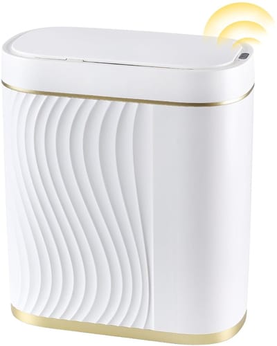 Slimme prullenbak met bewegingssensor – 8 liter automatische afvalbak met deksel – ultra dun ontwerp, waterdicht IPX5, ABS kunststof – ideaal voor badkamer, slaapkamer, kantoor en keuken – Wit met gouden lijnen