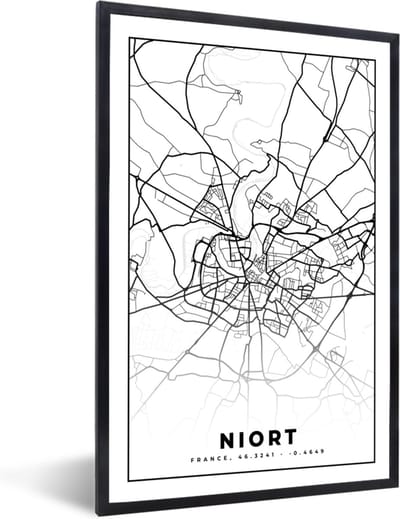 Fotolijst incl. Poster Zwart Wit- Niort - Stadskaart - Plattegrond - Kaart - Frankrijk - Zwart wit - 40x60 cm - Posterlijst