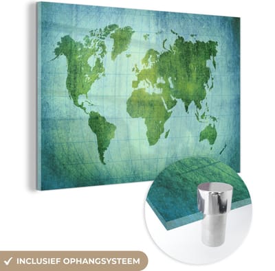 MuchoWow® Glasschilderij 60x40 cm - Schilderij acrylglas - Wereldkaart - Perkament - Groen - Kindje - Jongens - Meisjes - Foto op glas - Schilderijen