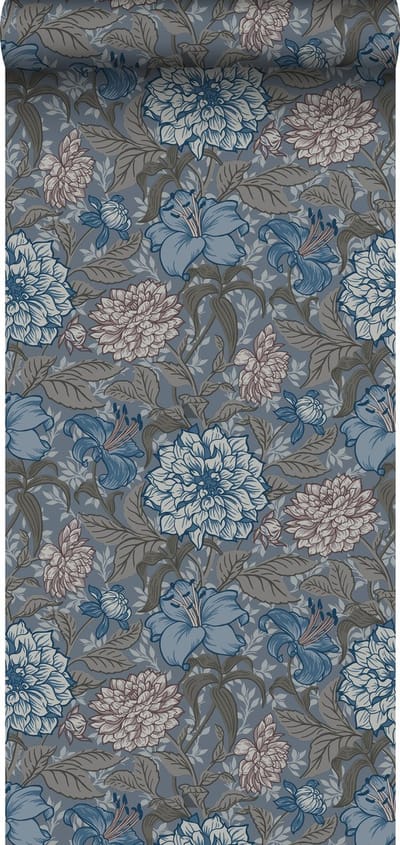 ESTAhome behang vintage bloemen vergrijsd blauw en warm grijs - 53 cm x 10.05 m - 139480