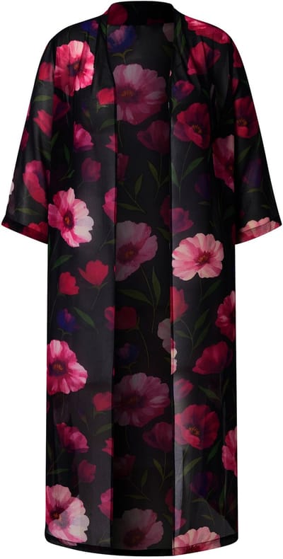 Ulla Popken - Dames - Chiffon vest bloemen open model sjaalkraag 3/4-mouwen - Zwart - Maat 42+