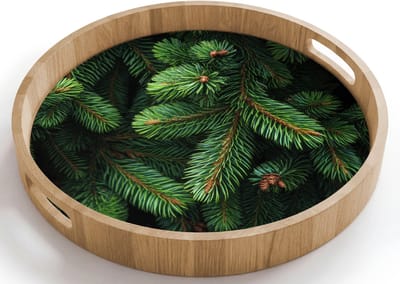 Dienblad rond 40x40 cm - Schootdienblad hout - Sparrentakken - Knoppen - Naalden - Groen - Borrelplank rechthoek - Plateau houten dienbladen
