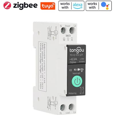 TONGOU Tuya ZigBee Disjoncteur intelligent avec mesure 1P 63A Support sur rail DIN 3 modes de synchronisation ZigBee blanc