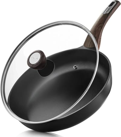 Koekenpan met Deksel - Koekenpan Koekenpan - Gezond Koken - Dubbele Punt Anti-aanbaklaag - 28 cm - Zwart