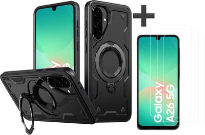 Hoesje Geschikt voor Samsung Galaxy A26 met 3 Stuks gehard glas Screenprotectors - Armor hoes met Ringhouder - Arara backcover - Zwart