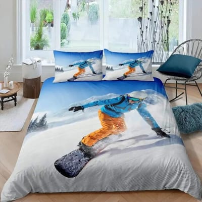 Ski Sport Dekbedovertrek Set Volledige Maat Wintersport Skiën Beddengoed Sets Sneeuwberg Landschap Dekbedovertrek voor Jongens Meisjes AU Single(140*210cm)3pcs
