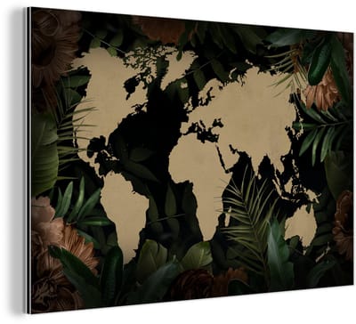 Aluminium schilderij 180x120 cm - Wanddecoratie metaal - Wereldkaart - Bladeren - Tropische Planten - Metalen muurdecoratie woonkamer - Decoratie industrieel - Foto op dibond - Industriële accessoires slaapkamer