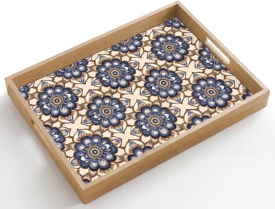 Dienblad hout 50x35 cm - Schootdienblad - Floraal - Ornament - Blauw - Borrelplank rechthoek - Plateau dienbladen