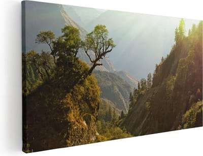 Artaza Canvas Schilderij Bergen - 40x20 cm - Klein - Wanddecoratie Landschap - Muurdecoratie Bos - Decoratie Zonsondergang