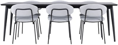 Ellis eethoek tafel 85x230cm en 6 bouclé stoelen zwart.