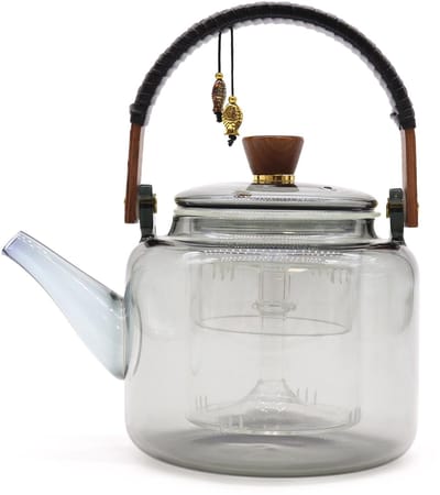 Glazen Infusie Theepot - Met Stoomsysteem Antraciet - 1 Liter - Houten Handvat - 12.5x19x18cm