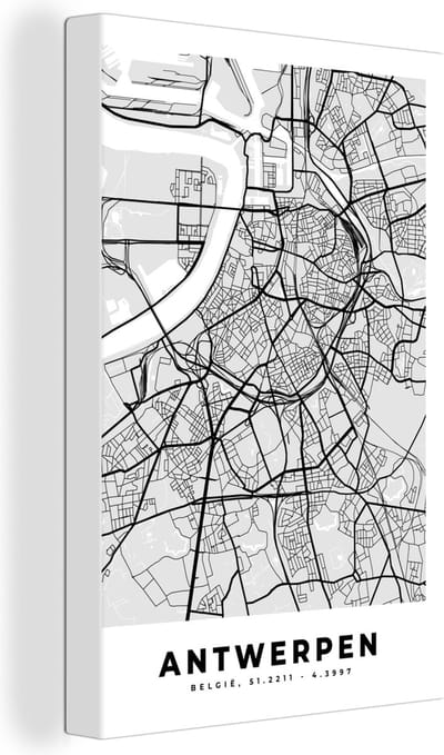Canvas Schilderij Zwart Wit – België – Plattegrond – Stadskaart – Kaart – Antwerpen - 20x30 cm - Wanddecoratie