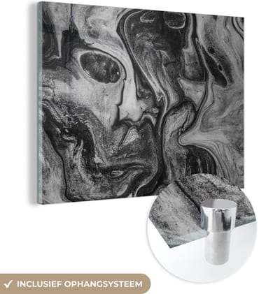 Glasschilderij zwart wit - Zwart - Graniet - Wit - Steen - 160x120 cm - Schilderij glas - Woonkamer decoratie