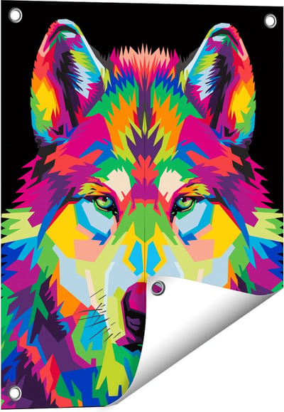 Gards Tuinposter Gekleurde Wolvenkop - Wolf - Abstract - 40x50 cm - Tuindoek - Tuindecoratie - Wanddecoratie buiten - Tuinschilderij