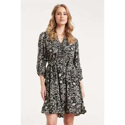 Smashed Lemon Zwarte jurk met beige paisley print en ruffle zoom |