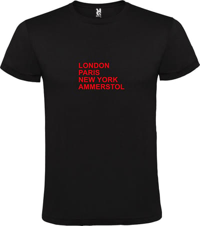 Zwart T-Shirt met “ LONDON, PARIS, NEW YORK, AMMERSTOL “ Afbeelding Rood Size XS