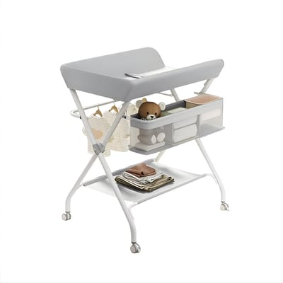 Draagbare Babycommode - In Hoogte Verstelbare Opvouwbare Luiertafel met Wielen - Grijs
