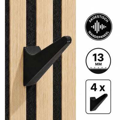 4 Stuks Kapstok Haken voor Akoestisch Wandpaneel - Wandpanelen Ophangen - Zelfklemmende Ophanghaken - Voor Lattenwand Akoestische Panelen - 13 Mm Breedte - 10 Mm Groefdiepte - Duurzame Bevestiging - Set Van 4 Stuks - 100% Gerecycled Kunststof - Zwart
