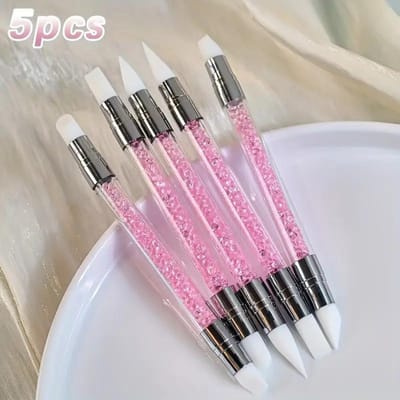 Set Roze Dubbelzijdige Strass Nagellak Siliconen Pen Beeldhouwpen 3D Bloem Snijwerk DIY Manicure Kwast Nail Dotting Pen Type 1 roze