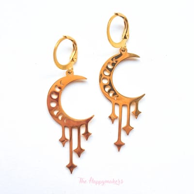 Oorbellen stainless steel ''moon and stars'' waterproof sieraden, roestvrijstaal, bohemian, goud