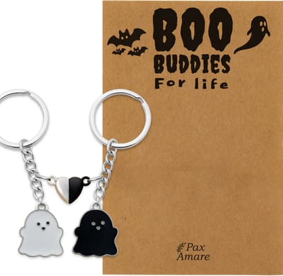 BFF Sleutelhanger voor 2 'Boo Buddies for Life' - Spookjes + Magnetisch Hartje - Sleutelhanger set op Cadeau Kaartje - Zilverkleurig - Vriendschap Symbool - Pax Amare