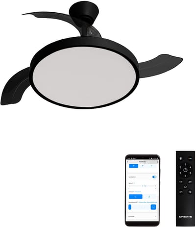 CREATE - Plafondventilator 40W stil met intrekbare bladen met licht - Ø108cm - Zwart- WIFI + Afstandsbediening - WIND CLEAR STUDIO
