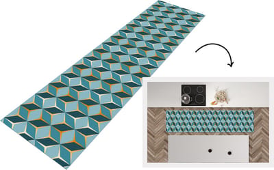 Keukenloper - Loper keuken - Goud - Blauw - Patroon - 200x50 cm - Keukenloper vinyl