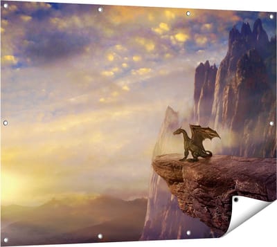 Gards Tuinposter Draak op een Rots bij Zonsondergang - 120x90 cm - Tuindoek - Tuindecoratie - Wanddecoratie buiten - Tuinschilderij
