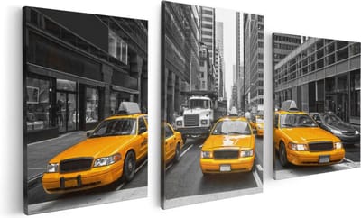 Artaza Canvas Schilderij Drieluik New York Gele Taxi's - Zwart Wit - 120x60 - Foto Op Canvas - Canvas Print