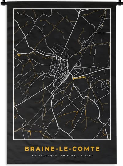 Wandkleed - Wanddoek - Plattegrond - Kaart - Goud - Braine-le-Comte - Stadskaart - 120x180 cm - Wandtapijt