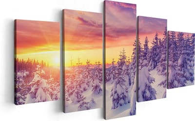 Artaza Canvas Schilderij Vijfluik Zonsondergang In Het Sneeuw Bos  - 100x50 - Foto Op Canvas - Canvas Print