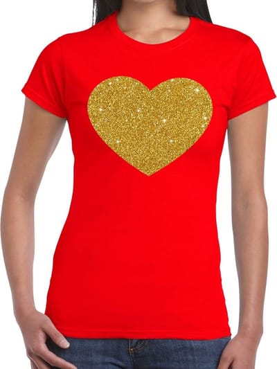 Bellatio Decorations Verkleed T-shirt voor dames - rood - hartje - glitter goud - themafeest / foute party XS