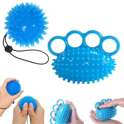 2 STUKS Vingerballen - Gripkrachttrainingsbal - Handtrainer - Knijpbal met weerstand - Oefenbal voor vier vingers - Verlicht stress, handpijn - Stekelige bal met touw - Voor sporters, senioren, muzikanten, fitnessliefhebbers - Blauw