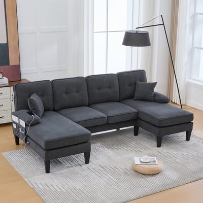 MODFU 4-Zits U-Vormige Bank - Met Twee Liggedeeltes En Opbergvakken - Modern - Linnen - Donkergrijs - 250 X 130 X 88 Cm