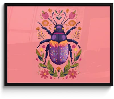 Poster in lijst - Fotolijst 70x50 cm - Posters - Paars - Kever - Stipjes - Bloemen - Posterlijst zwart - Decoratie - Wanddecoratie woonkamer - Muurdecoratie slaapkamer