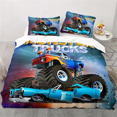 3-delige Dekbedovertrekset met Cartoonprint voor Auto Vrachtwagen - Zacht, Ademend en Comfortabel Beddengoed voor Alle Seizoenen met Ritssluiting cot size 70x133cm