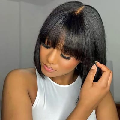 Echte Haarperuk met Bangs, Korte Bobstijl, Steil, 150% Dichtheid, 100% Braziliaans Haar voor Zwarte Vrouwen, Natuurlijke Look en Comfort