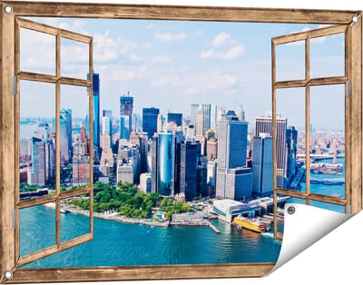 Gards Tuinposter Doorkijk New York Als een Eiland vanuit de Lucht - 90x60 cm - Tuindoek - Tuindecoratie - Wanddecoratie buiten - Tuinschilderij