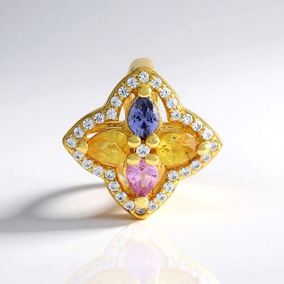 Cavill - Luxe Zilveren Hanger - 925 Sterling Zilver Verguld - Peervormige Ceylon Roze Saffier 0,13 ct - Blauwe & Gele Saffier - Zirkonia