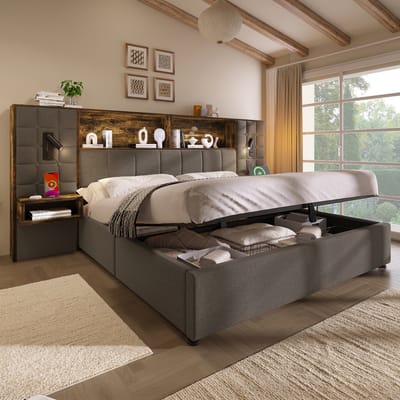 HAUSS SPOLE Gestoffeerd Bed 180x200 cm - Tweepersoonsbed Met Opbergruimte En USB Type C - Zonder Matras - Linnen - Grijs